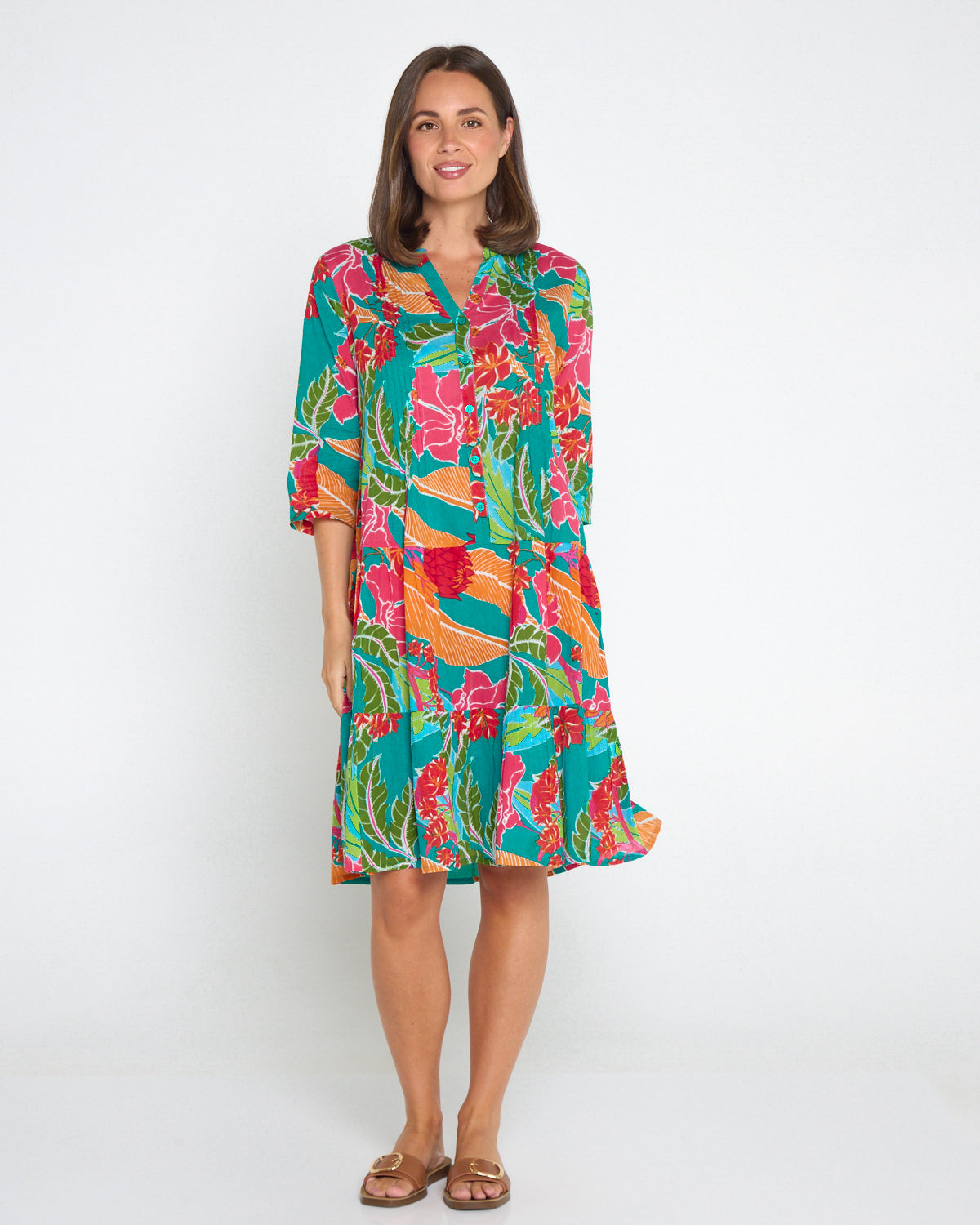 Beth Pleated Drop Waist Dress - Tropical Waratah