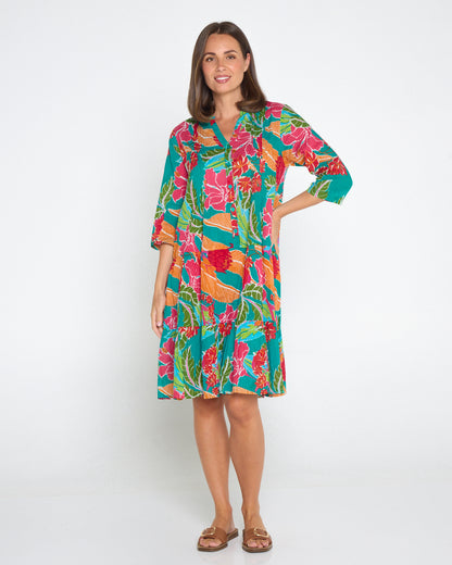 Beth Pleated Drop Waist Dress - Tropical Waratah