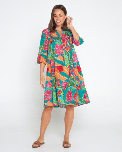 Beth Pleated Drop Waist Dress - Tropical Waratah