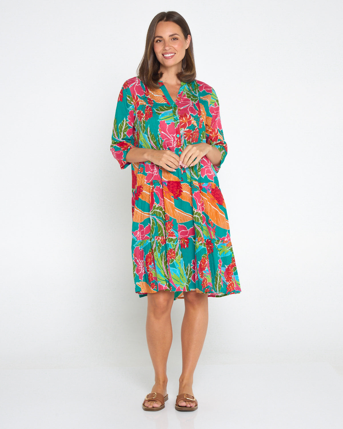 Beth Pleated Drop Waist Dress - Tropical Waratah