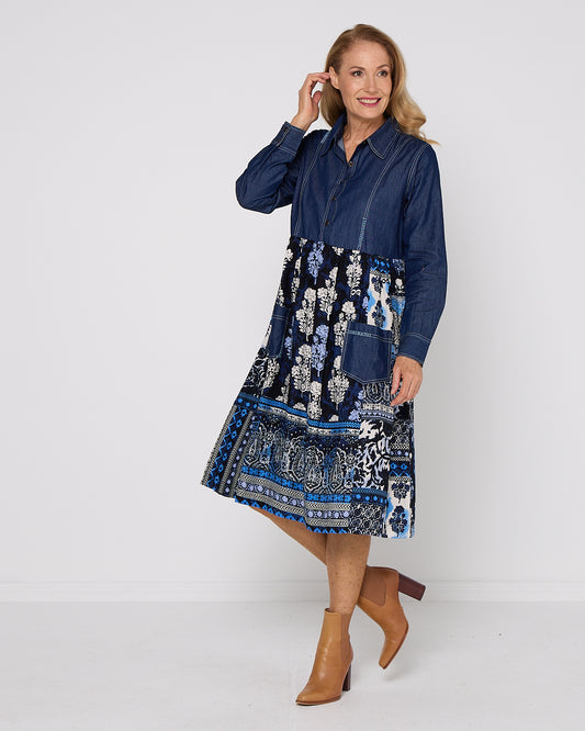 Bhadoi Denim Dress - Indigo Print
