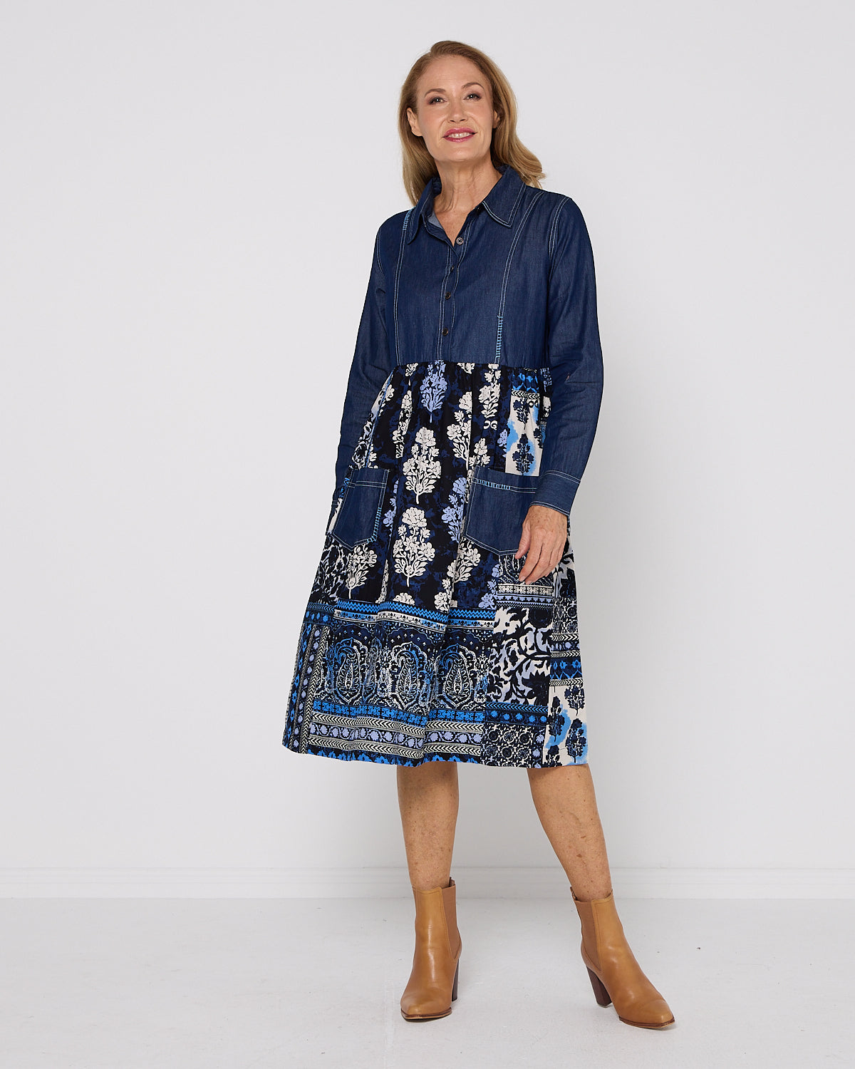 Bhadoi Denim Dress - Indigo Print