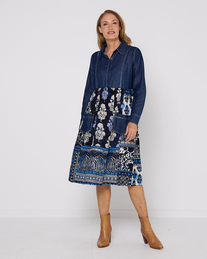 Bhadoi Denim Dress - Indigo Print