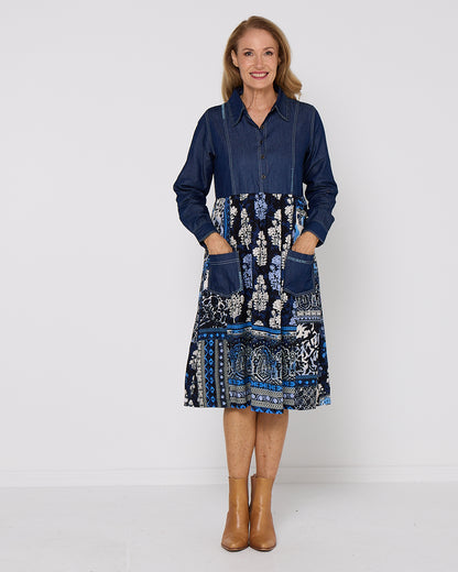 Bhadoi Denim Dress - Indigo Print