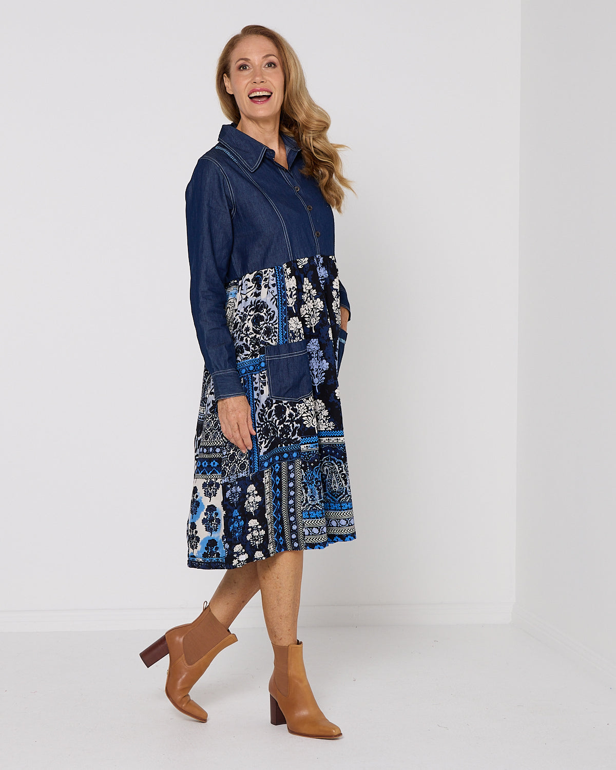 Bhadoi Denim Dress - Indigo Print