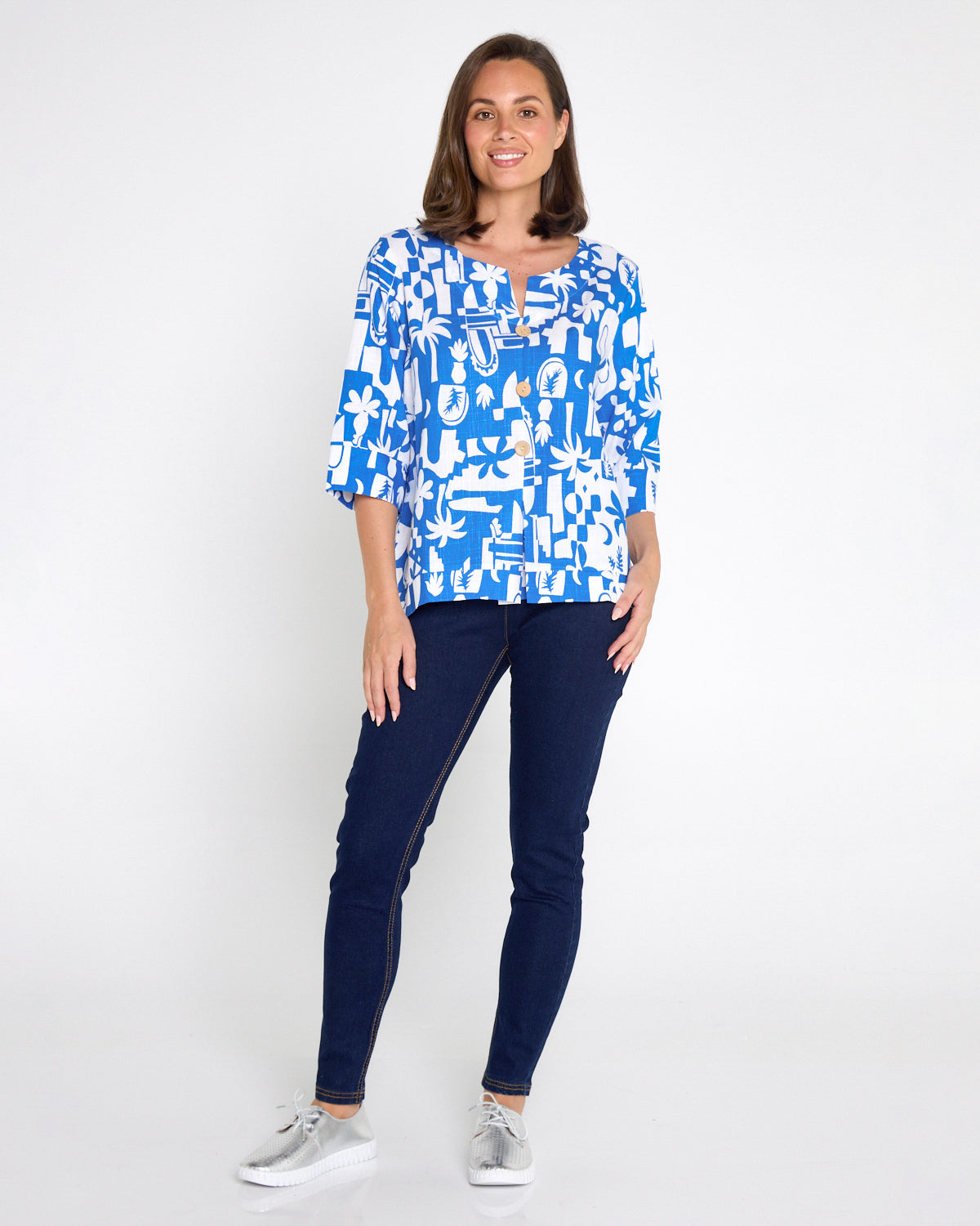 Mahri Linen Top - Blue/White Tropical