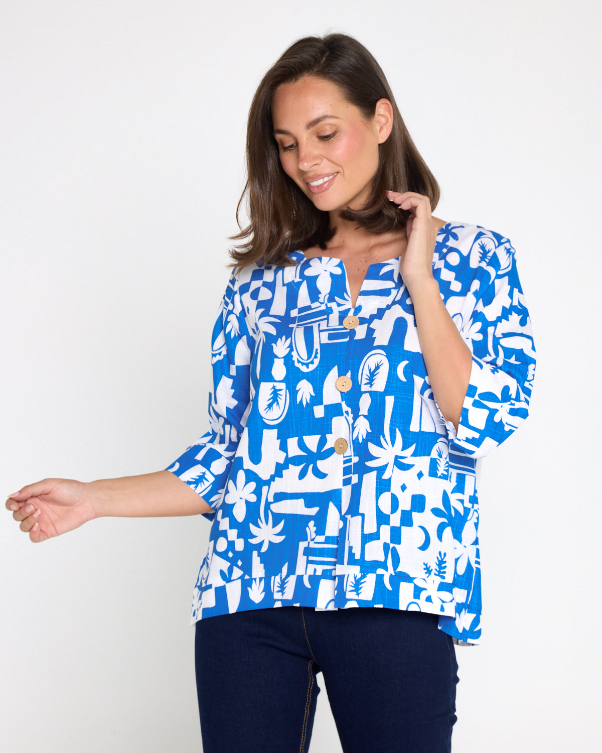 Mahri Linen Top - Blue/White Tropical