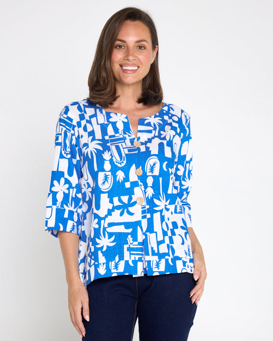 Mahri Linen Top - Blue/White Tropical