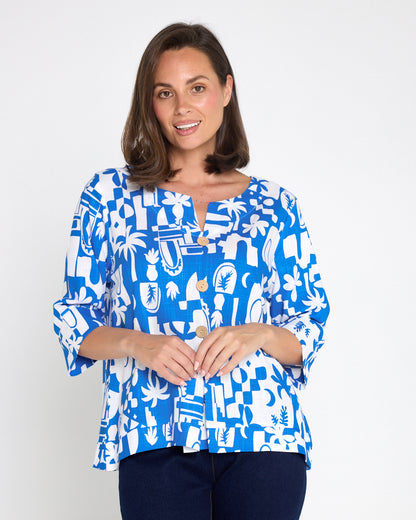 Mahri Linen Top - Blue/White Tropical