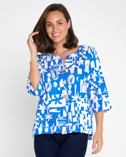 Mahri Linen Top - Blue/White Tropical