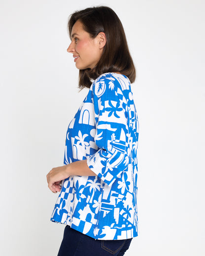 Mahri Linen Top - Blue/White Tropical