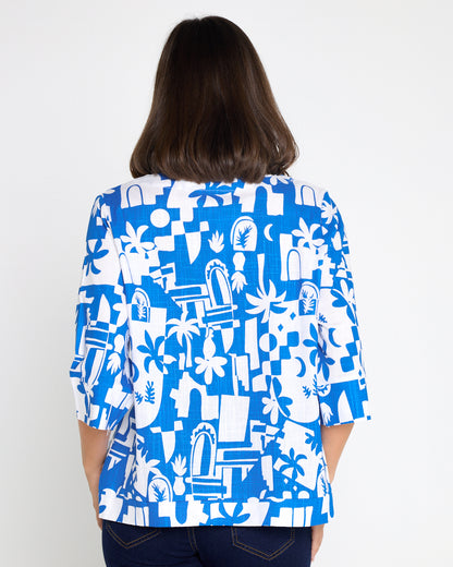 Mahri Linen Top - Blue/White Tropical