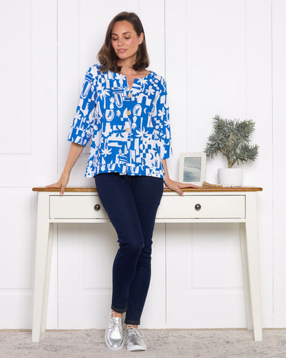 Mahri Linen Top - Blue/White Tropical