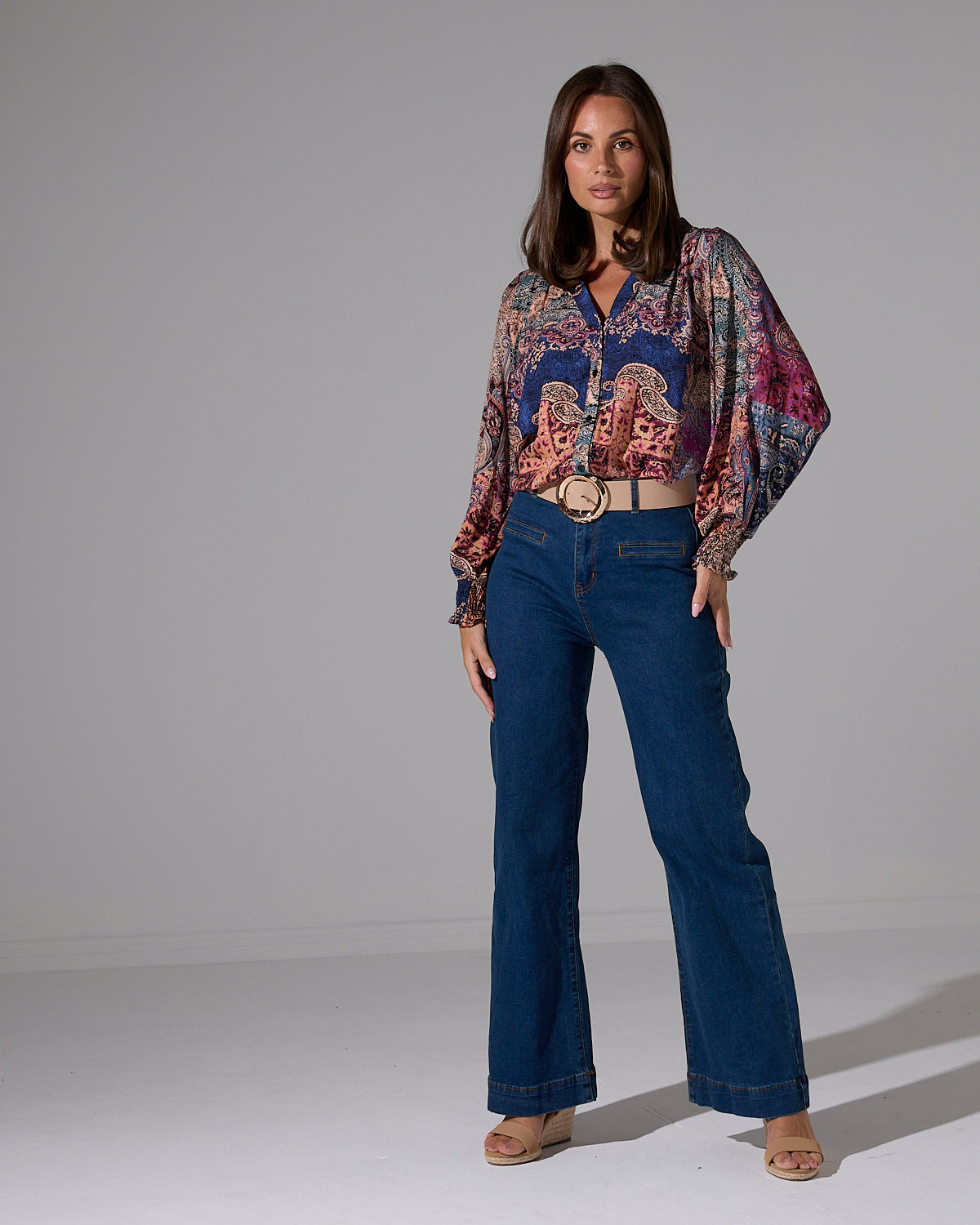 Textured Round Buckle Belt - Nude/Gold