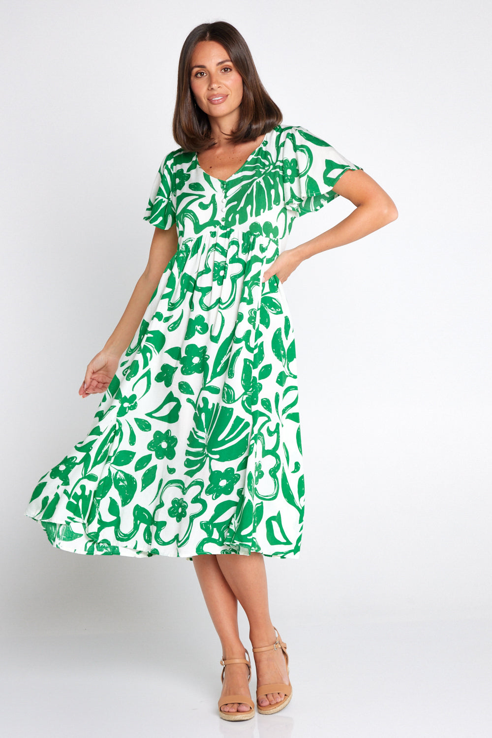 Brighton Dress - White/Green Monstera