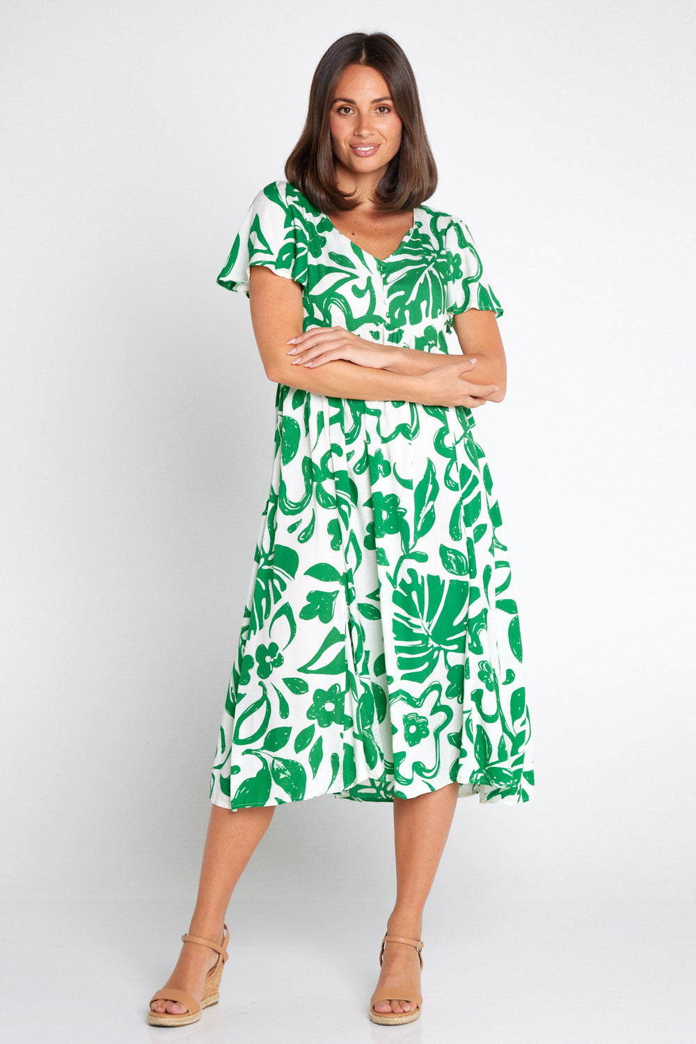 Brighton Dress - White/Green Monstera