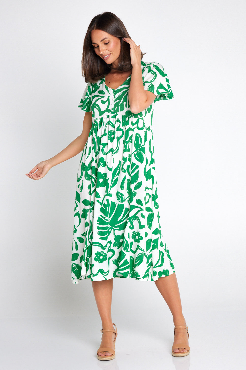 Brighton Dress - White/Green Monstera