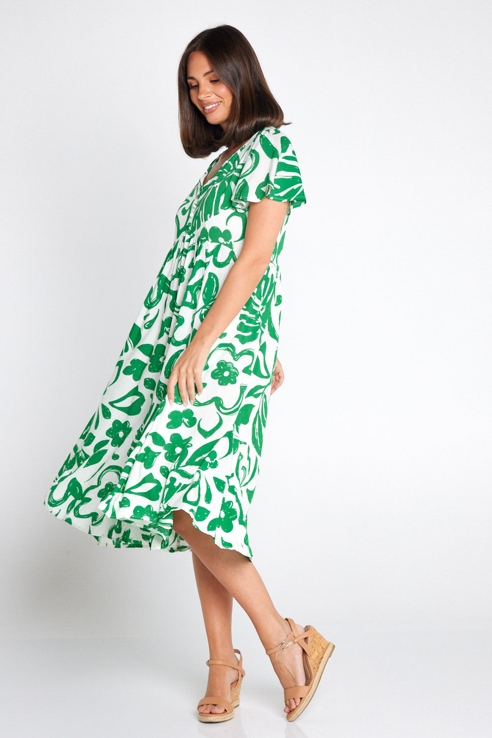 Brighton Dress - White/Green Monstera