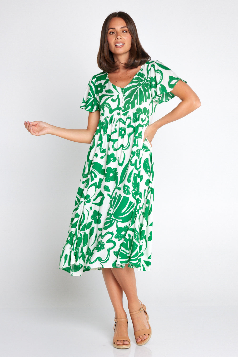 Brighton Dress - White/Green Monstera
