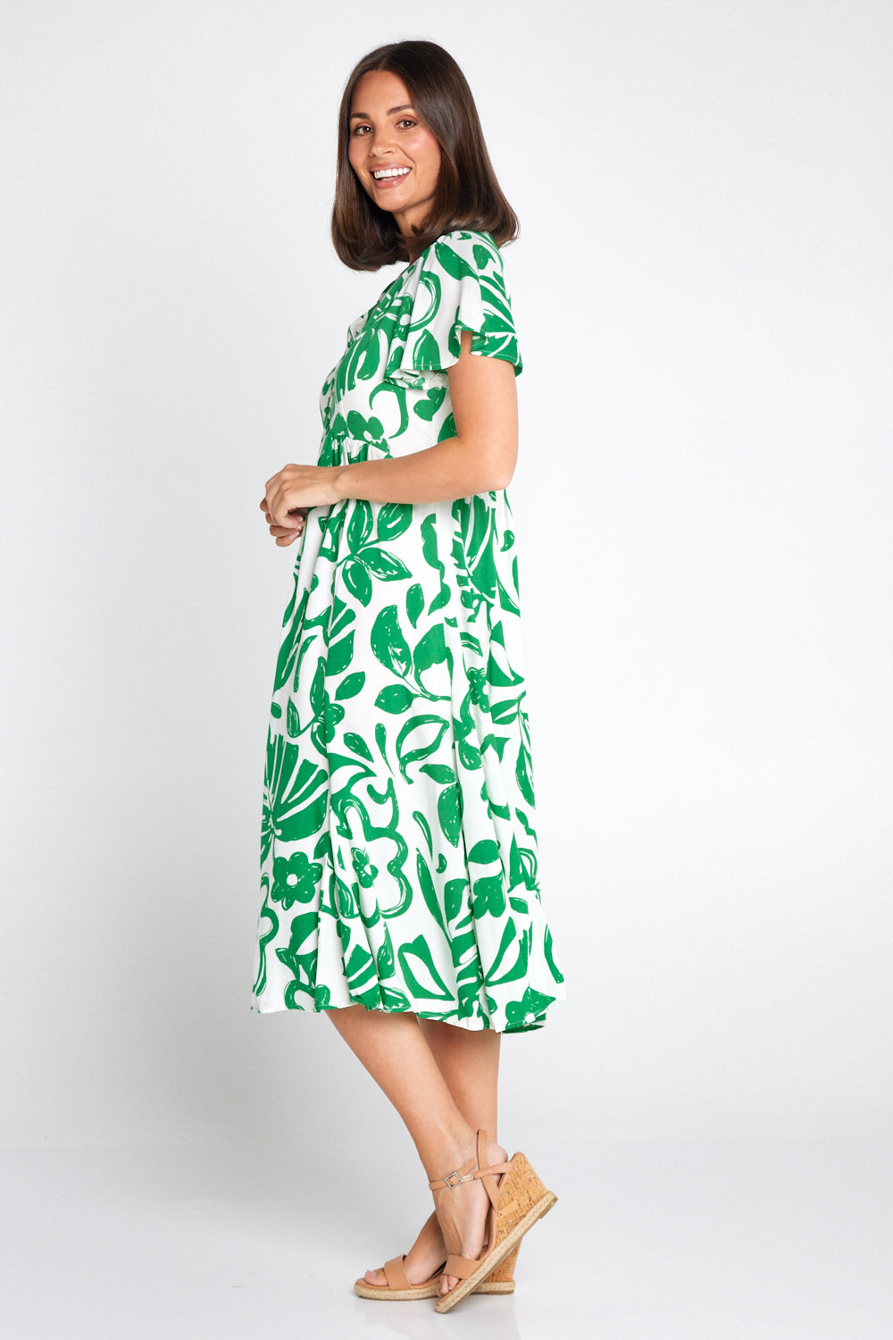 Brighton Dress - White/Green Monstera