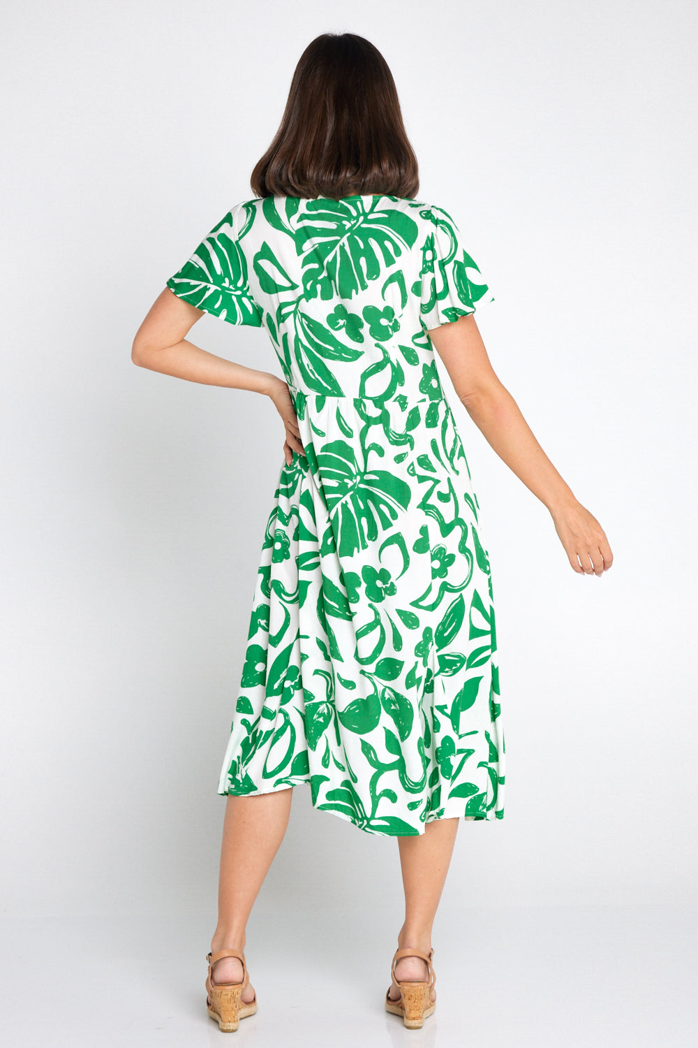 Brighton Dress - White/Green Monstera