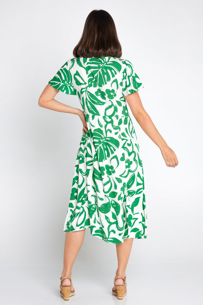 Brighton Dress - White/Green Monstera
