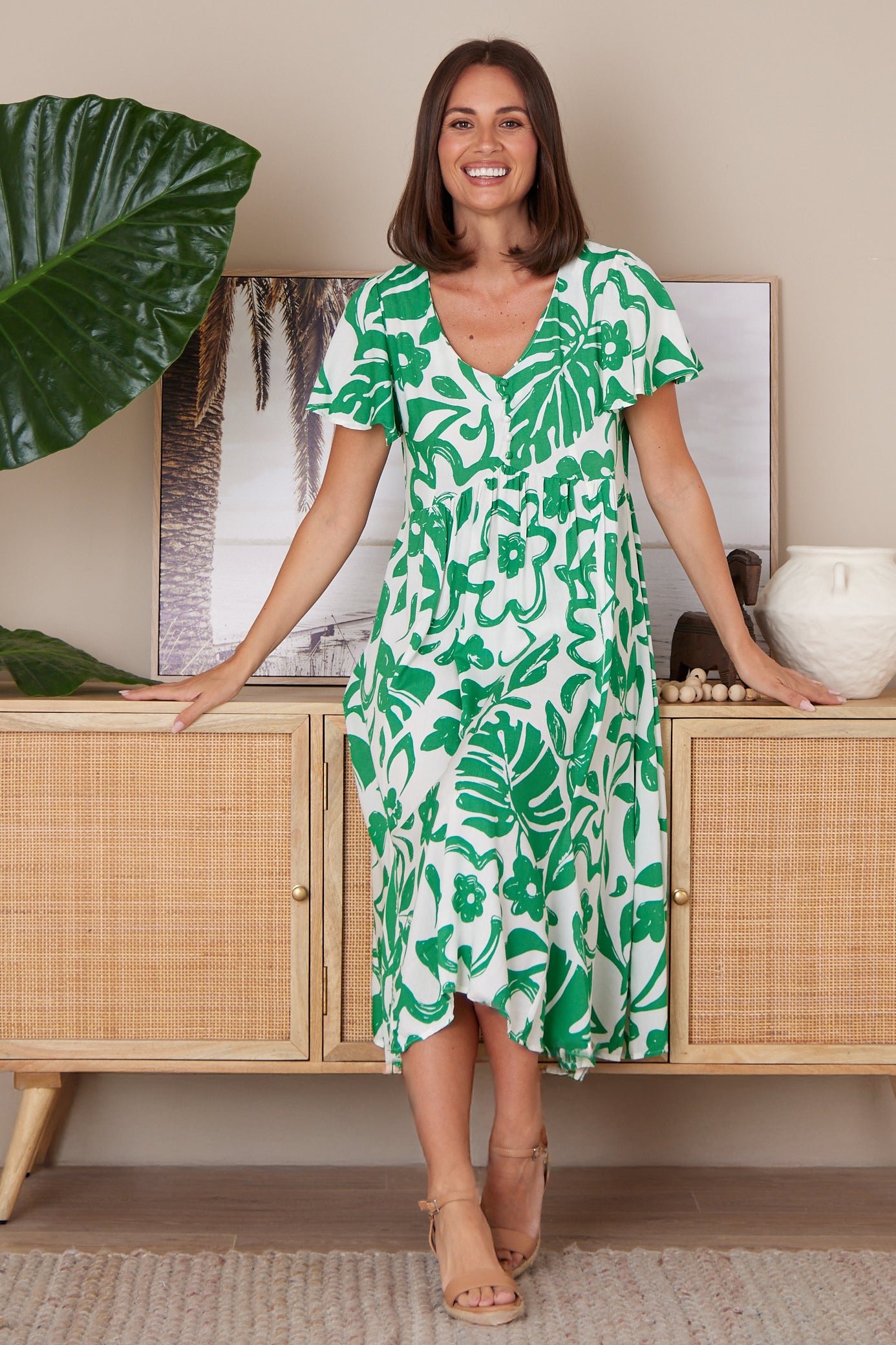 Brighton Dress White Green Monstera TULIO Fashion