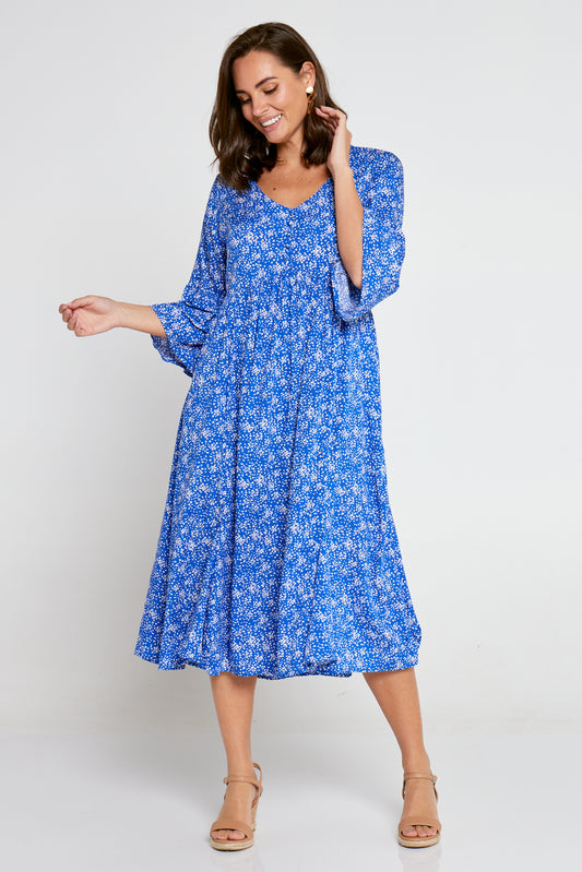 Brighton Sleeved Dress - Cobalt/Ditsy Floral