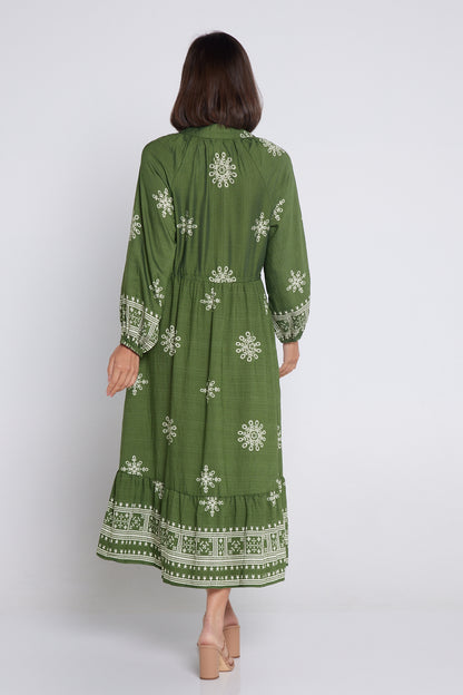 Solstice Midi Dress - Olive/Ivory Lace Print