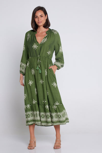 Solstice Midi Dress - Olive/Ivory Lace Print