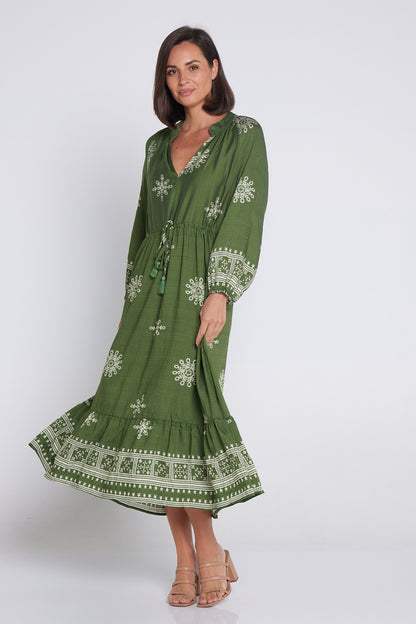 Solstice Midi Dress - Olive/Ivory Lace Print