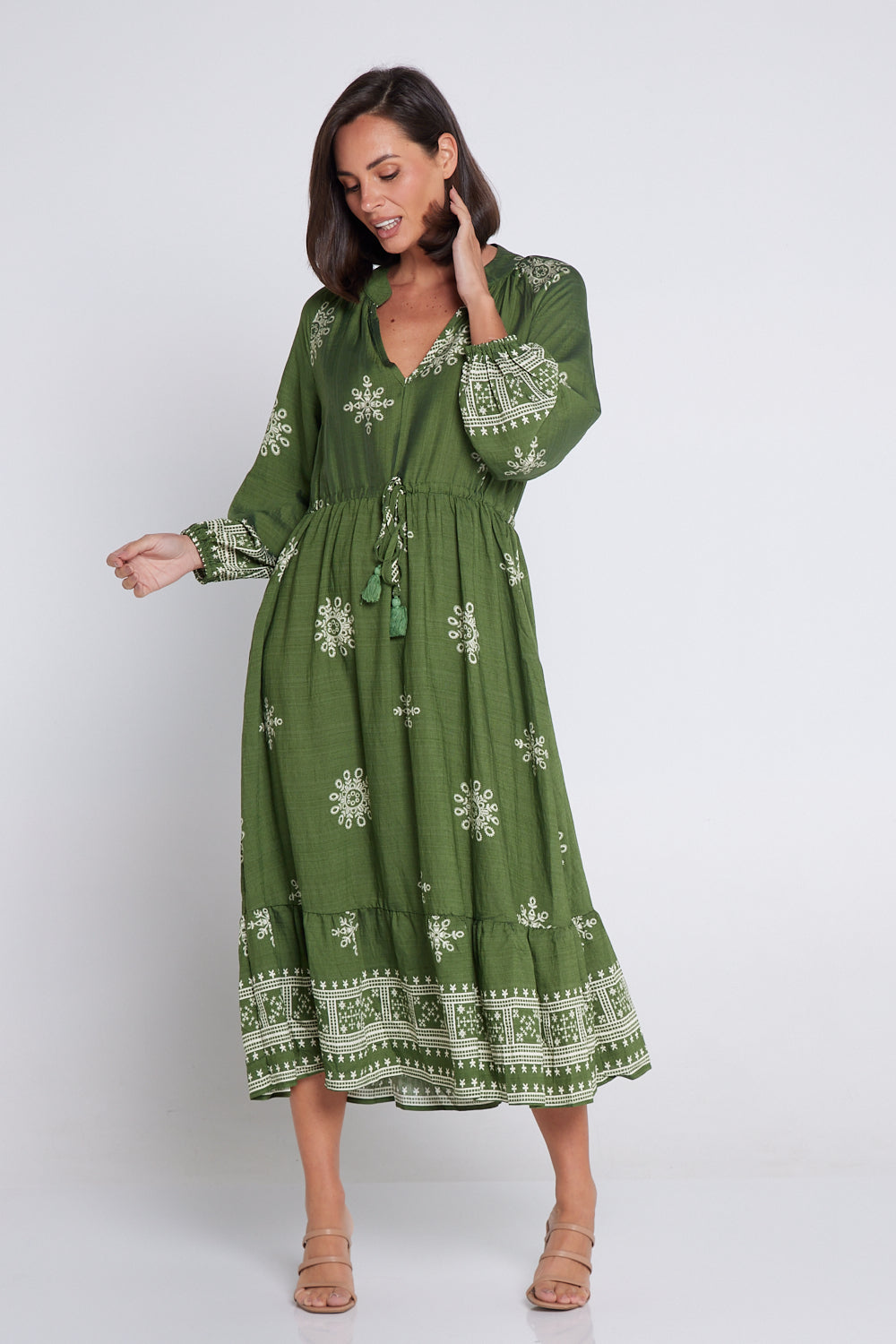 Solstice Midi Dress - Olive/Ivory Lace Print