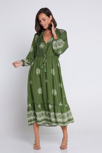 Solstice Midi Dress - Olive/Ivory Lace Print