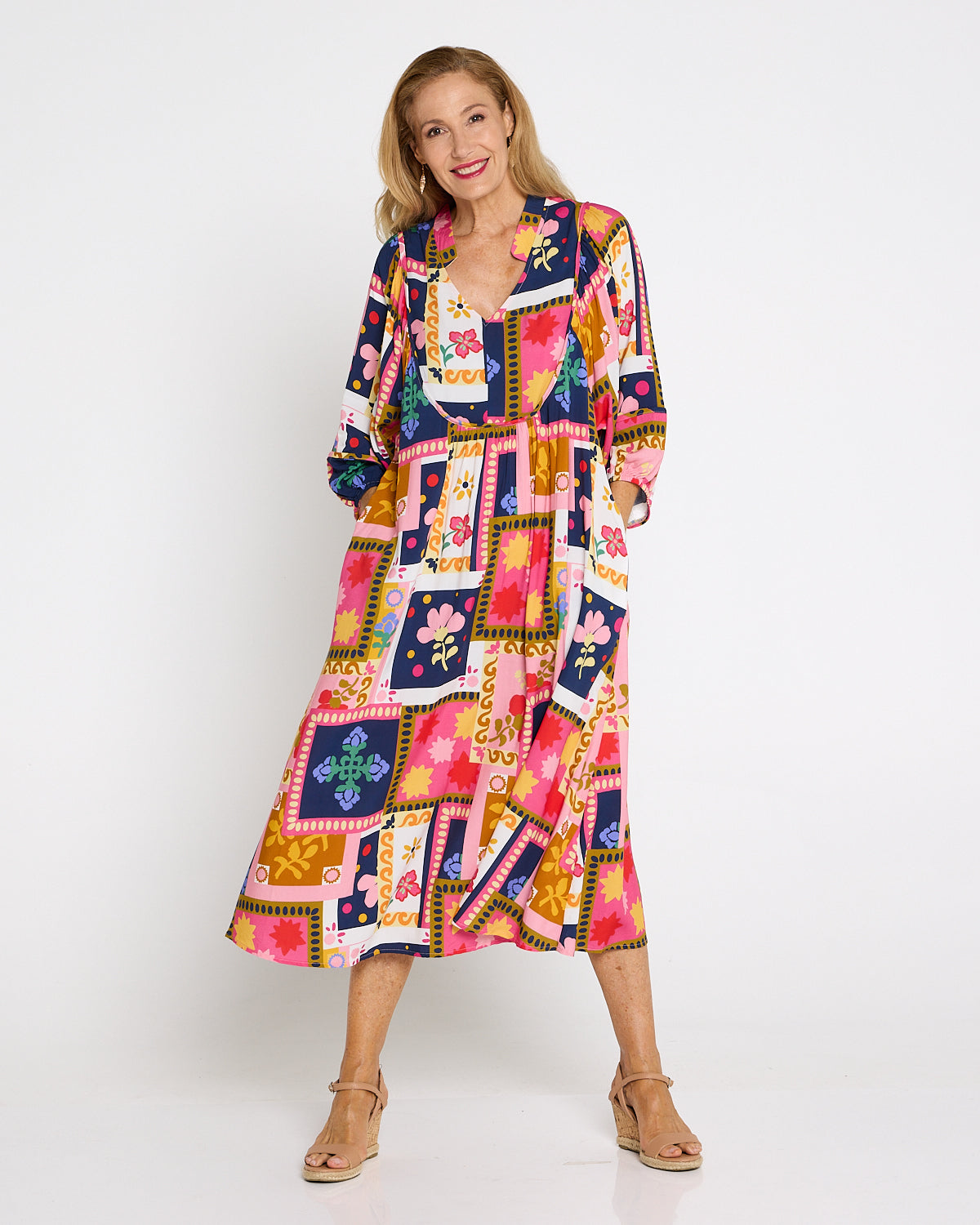 Paloma Boho Dress - Pink Navy Print