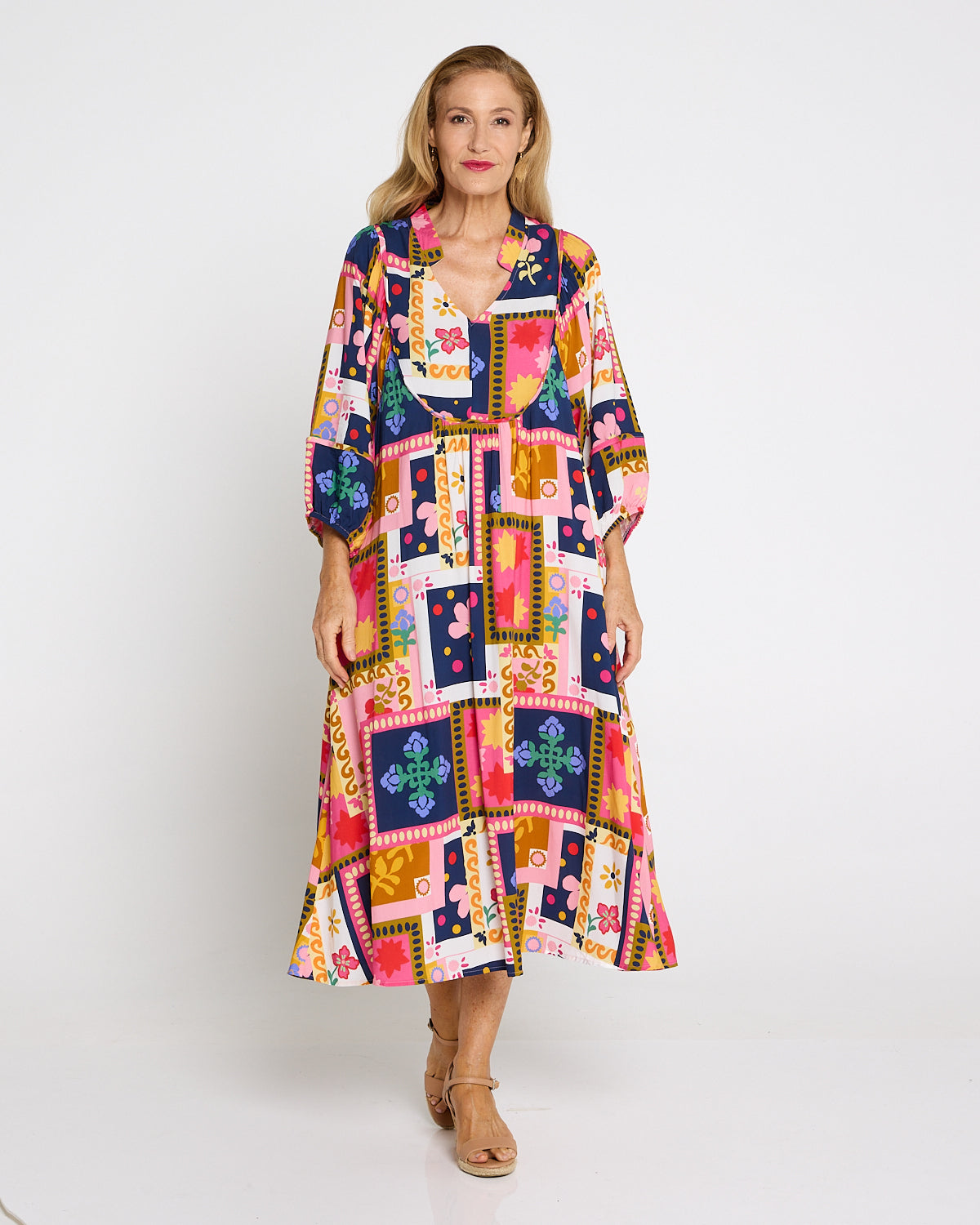 Paloma Boho Dress - Pink Navy Print