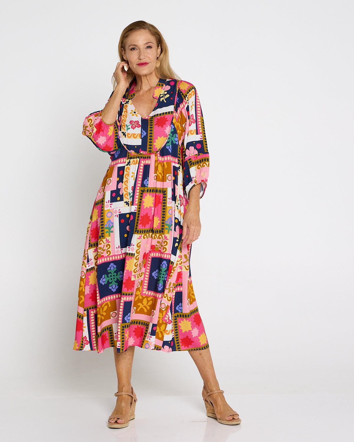Paloma Boho Dress - Pink Navy Print