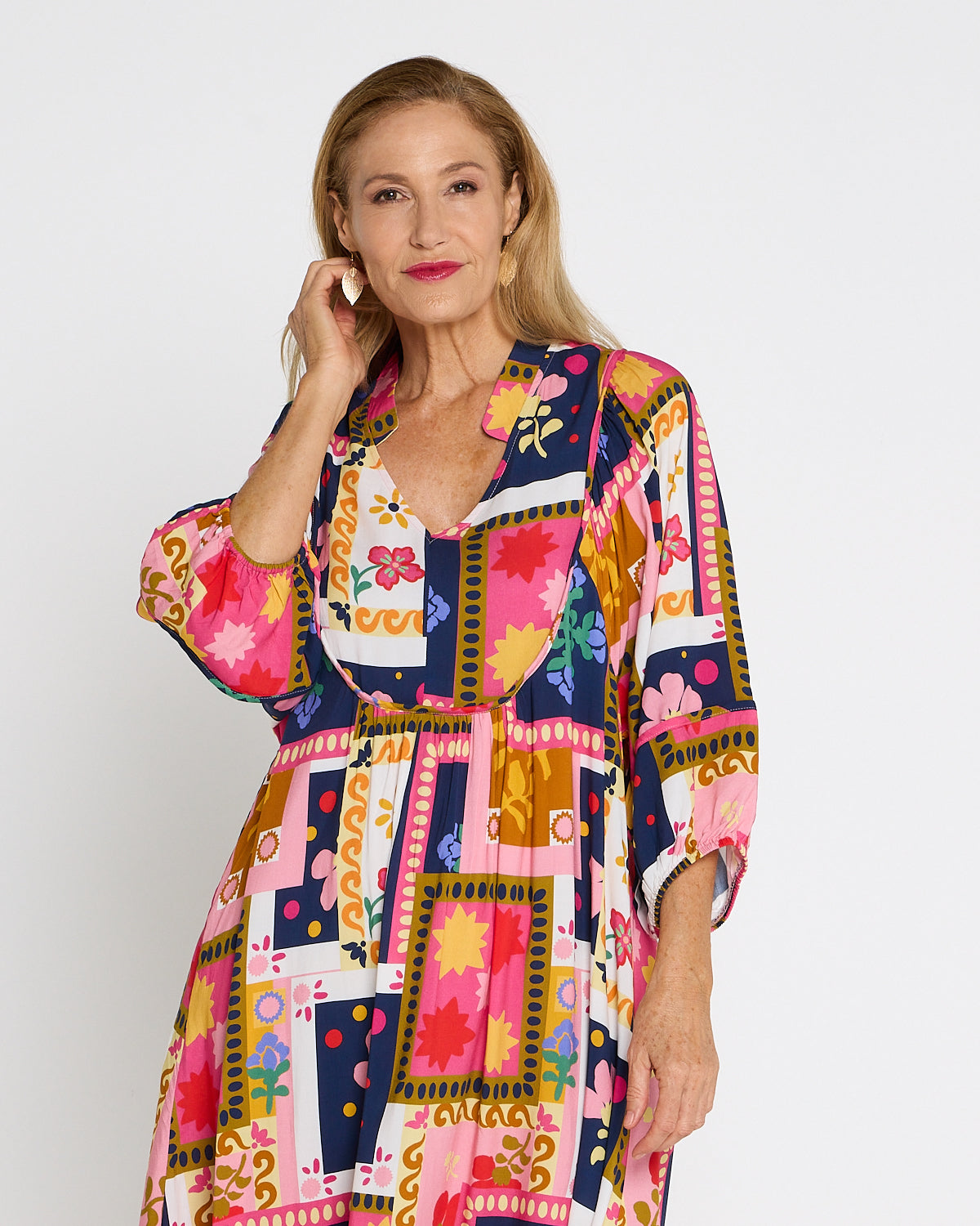 Paloma Boho Dress - Pink Navy Print