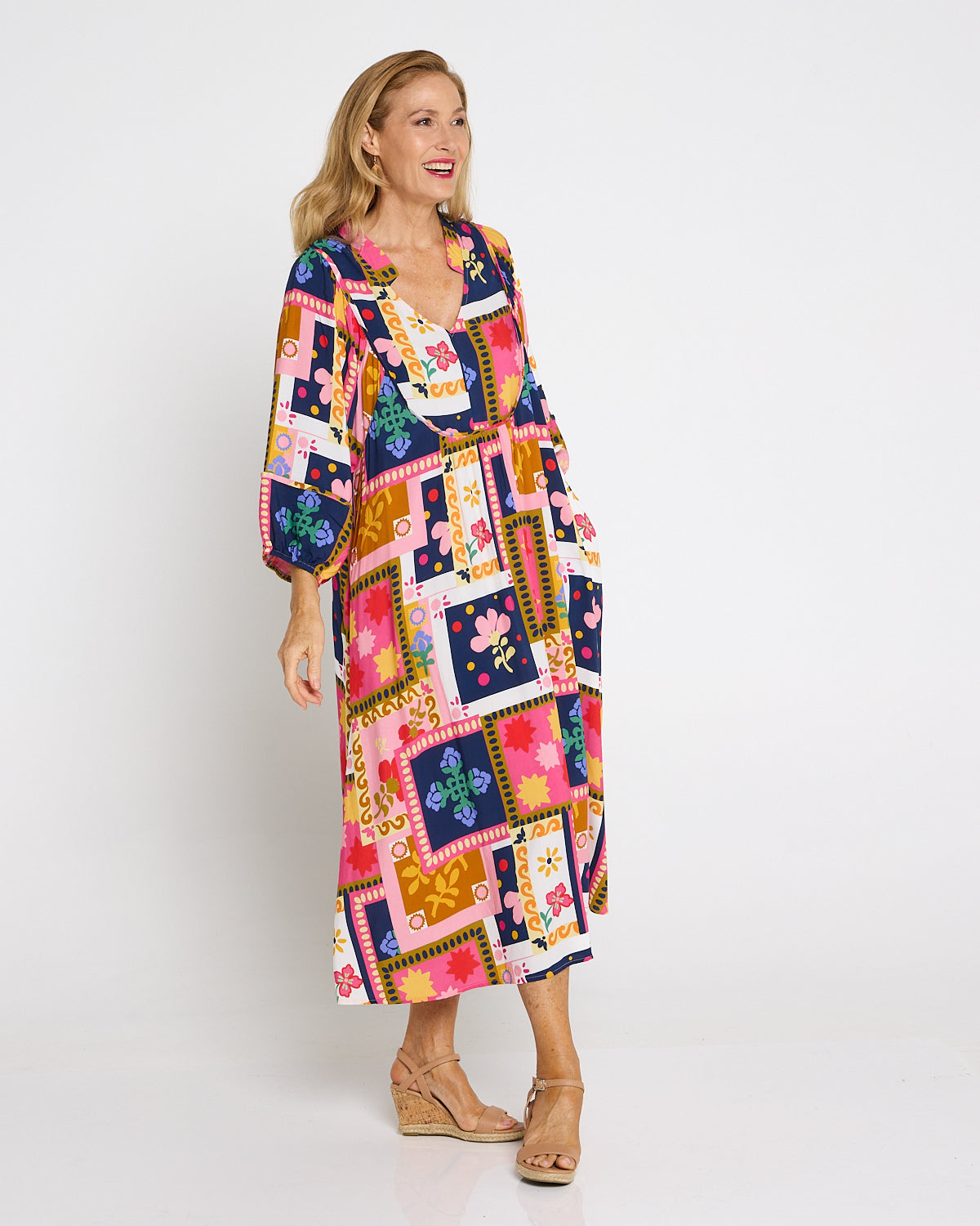 Paloma Boho Dress - Pink Navy Print