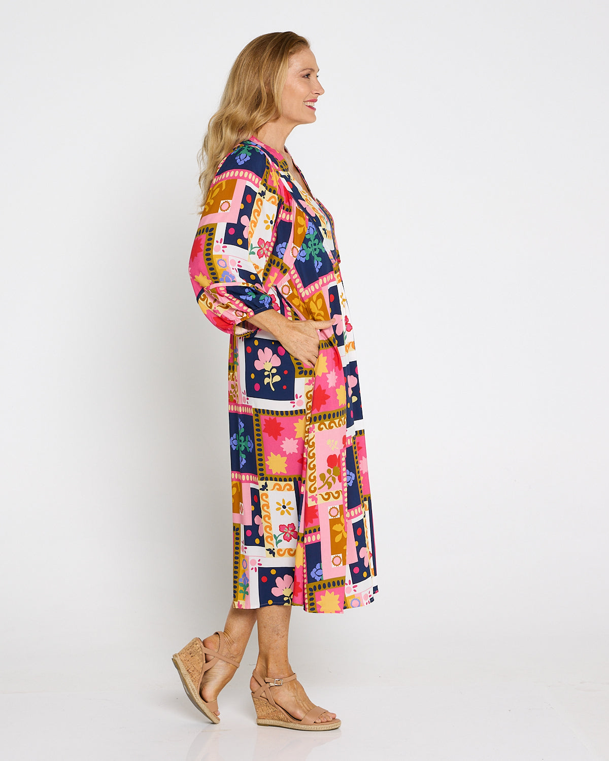 Paloma Boho Dress - Pink Navy Print