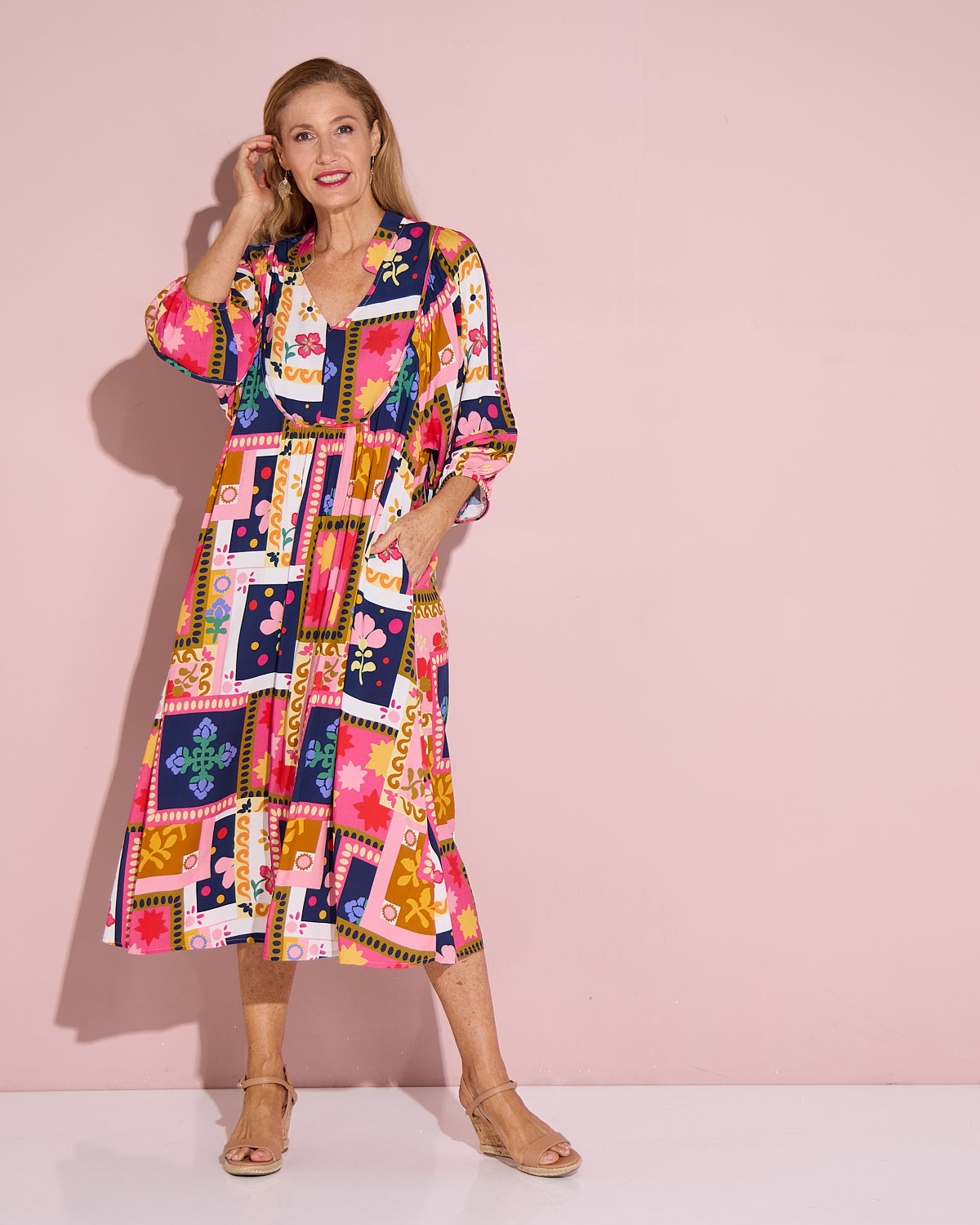 Paloma Boho Dress - Pink Navy Print