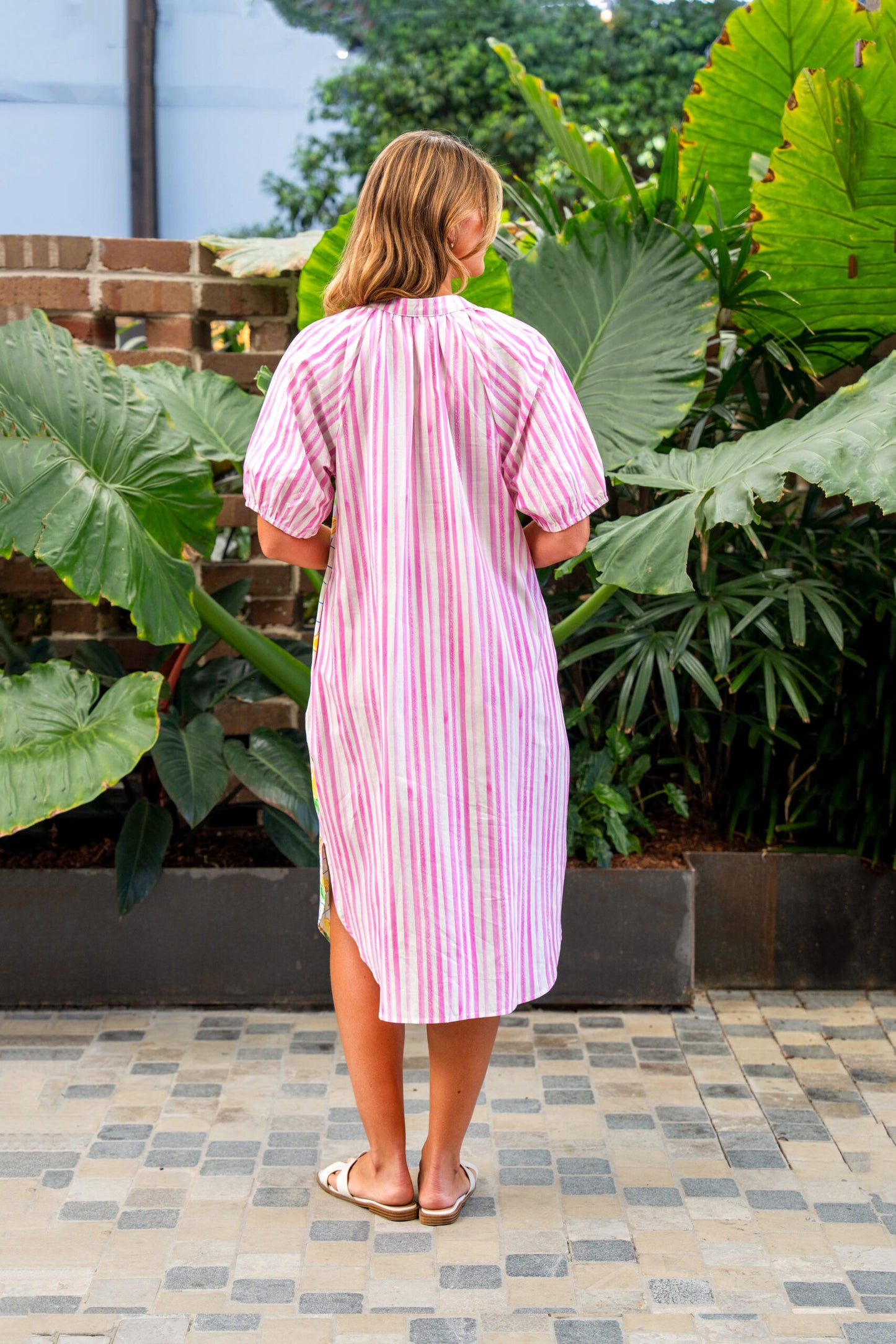 Citron Cotton Shirt Dress - Lemon/Pink Stripe Splice