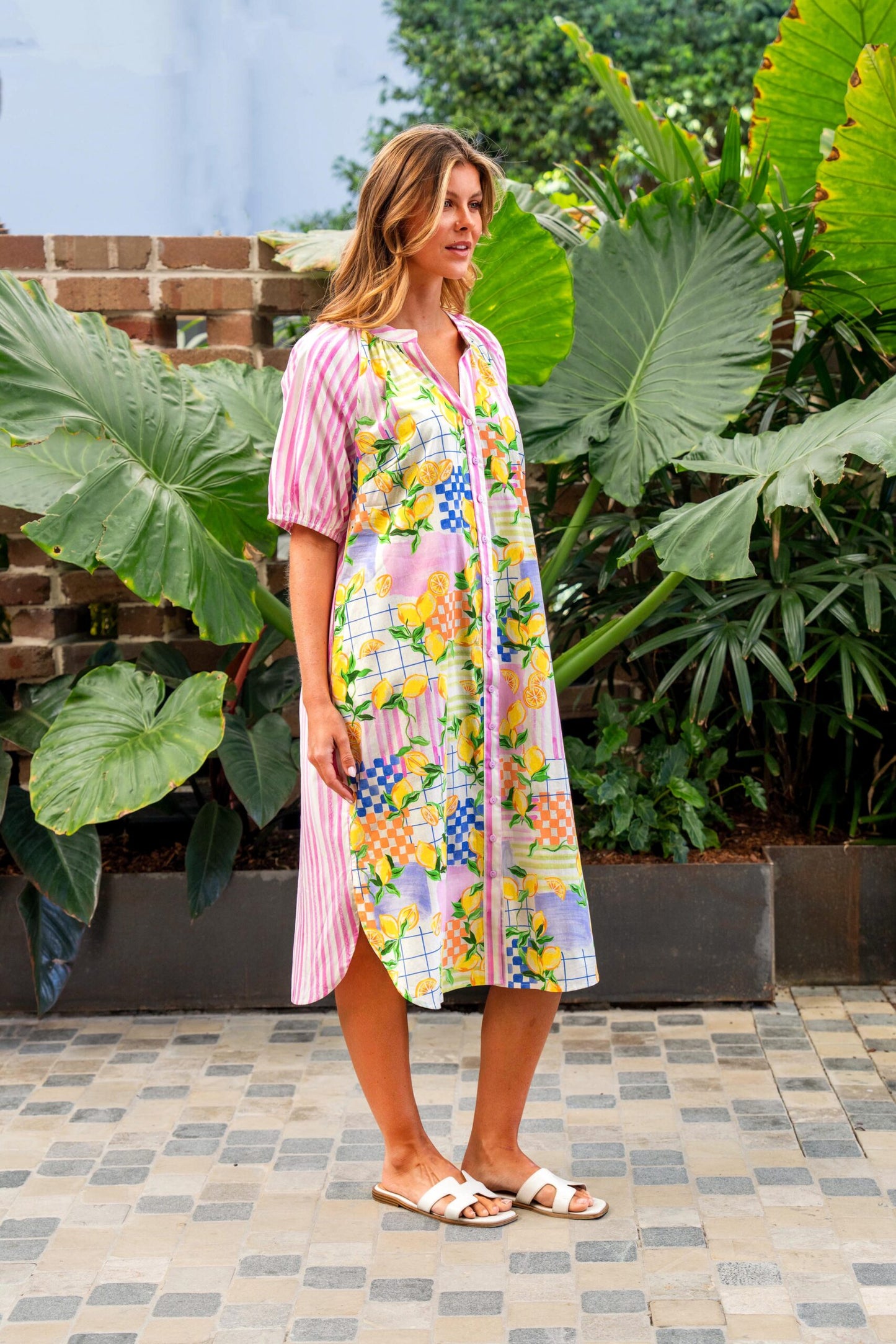 Citron Cotton Shirt Dress - Lemon/Pink Stripe Splice