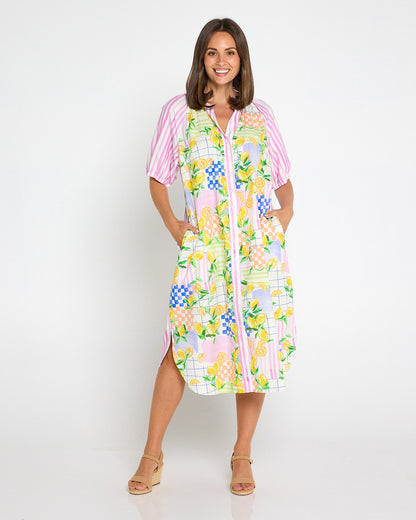 Citron Cotton Shirt Dress - Lemon/Pink Stripe Splice