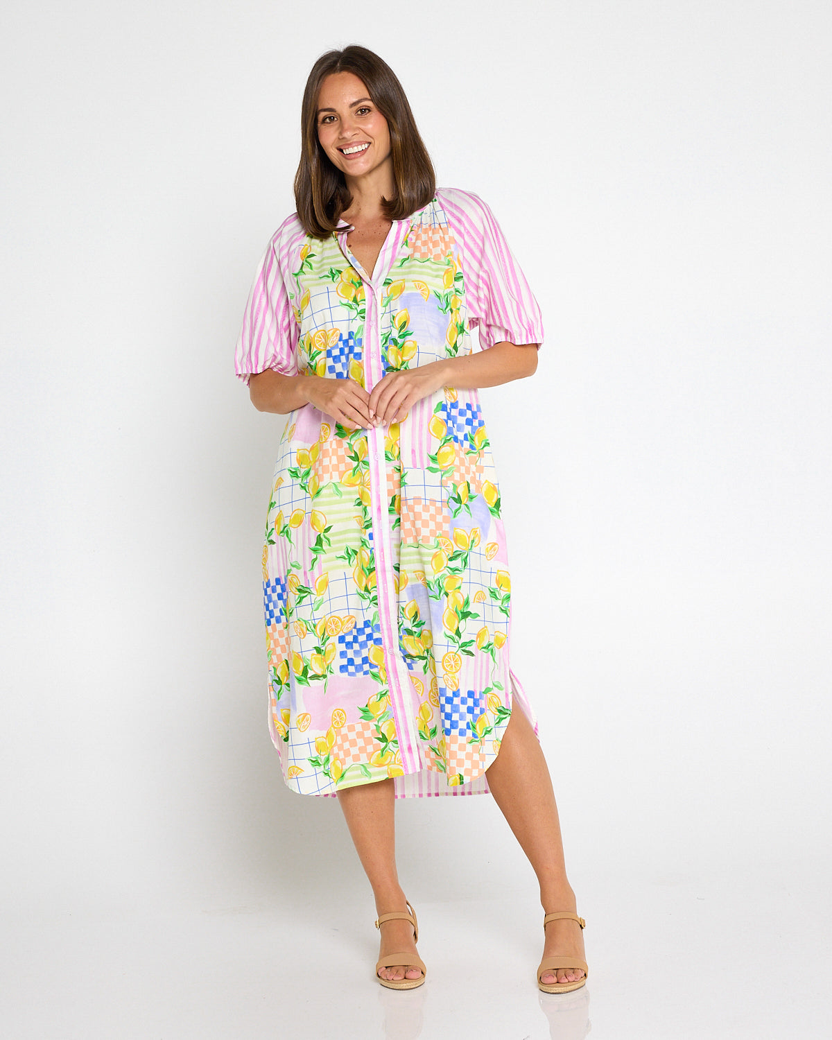 Citron Cotton Shirt Dress - Lemon/Pink Stripe Splice