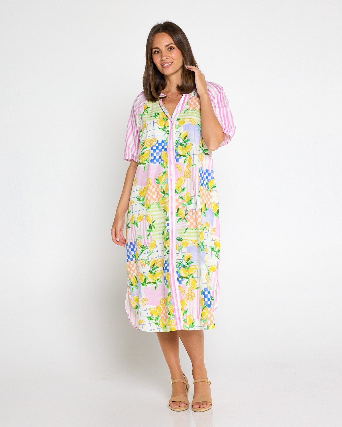 Citron Cotton Shirt Dress - Lemon/Pink Stripe Splice