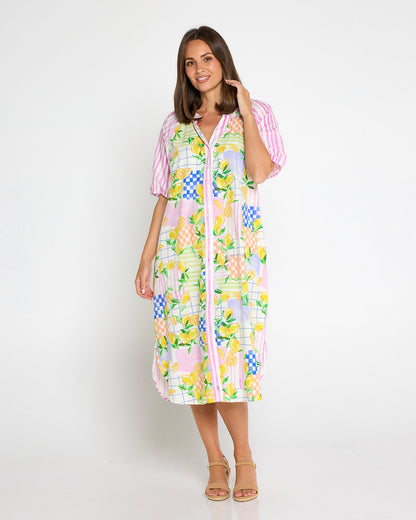 Citron Cotton Shirt Dress - Lemon/Pink Stripe Splice