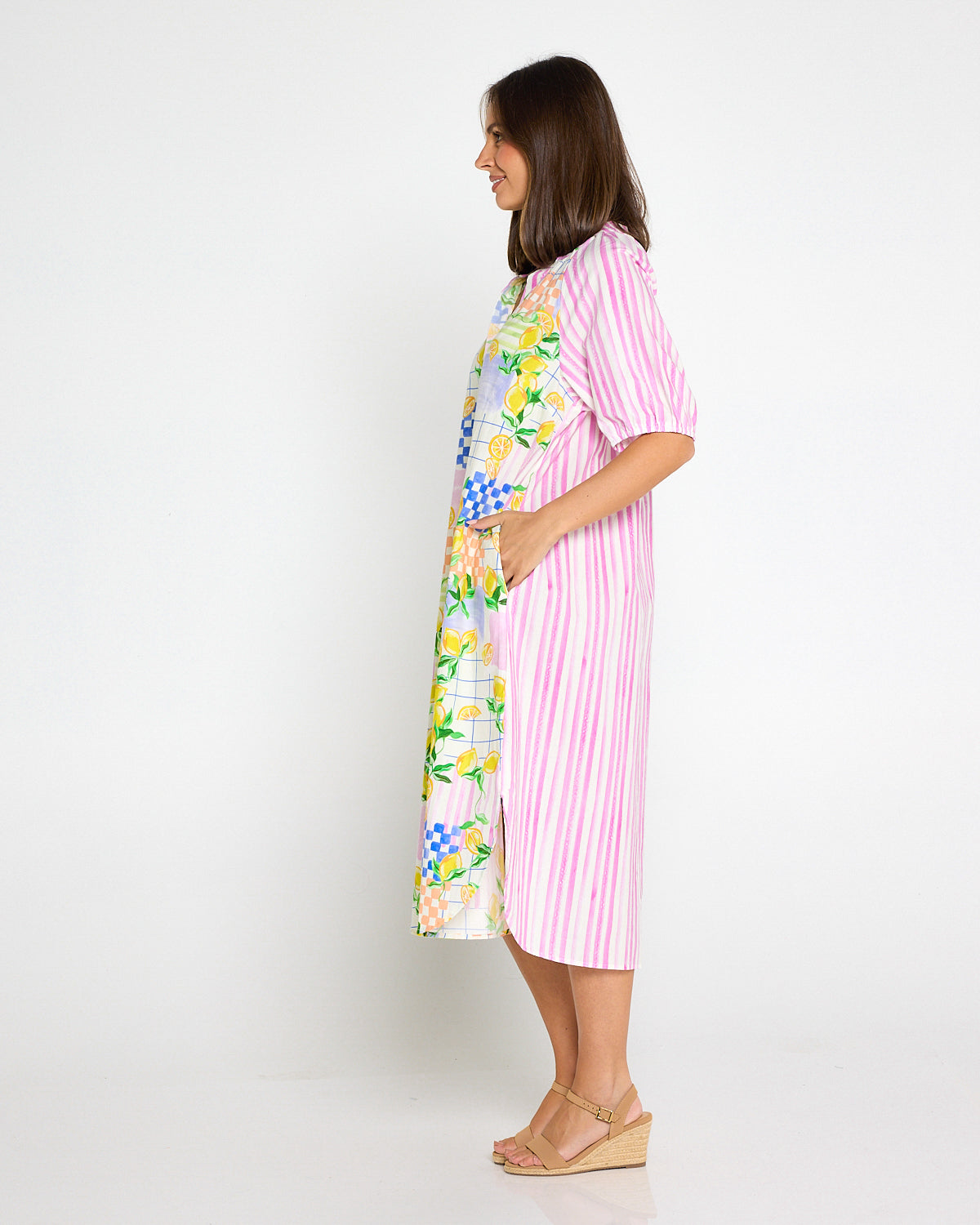 Citron Cotton Shirt Dress - Lemon/Pink Stripe Splice