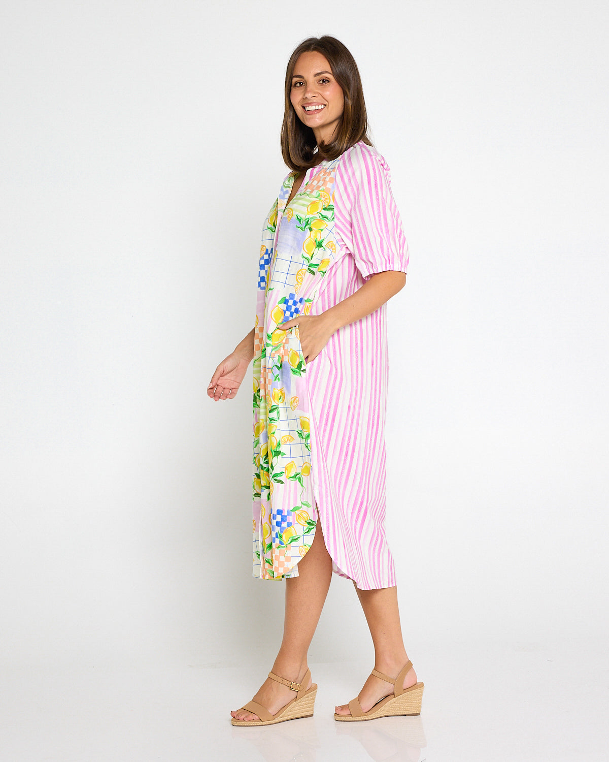 Citron Cotton Shirt Dress - Lemon/Pink Stripe Splice