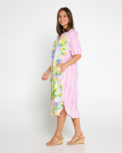 Citron Cotton Shirt Dress - Lemon/Pink Stripe Splice