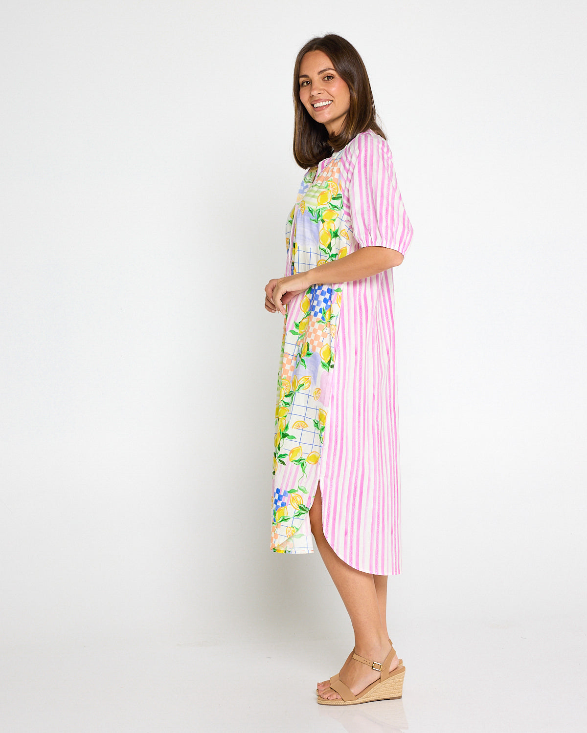 Citron Cotton Shirt Dress - Lemon/Pink Stripe Splice